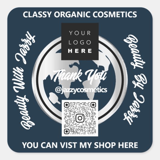 Sticker Carré Merci Business QRCode Logo Carte Argent Globe Mari (Devant)