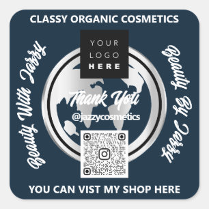 Sticker Carré Merci Business QRCode Logo Carte Argent Globe Mari
