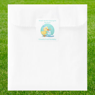 Sticker Carré Merci, canard bébé à moitié anniversaire avec gâte