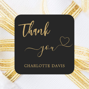 Sticker Carré Merci coeur noir or nom