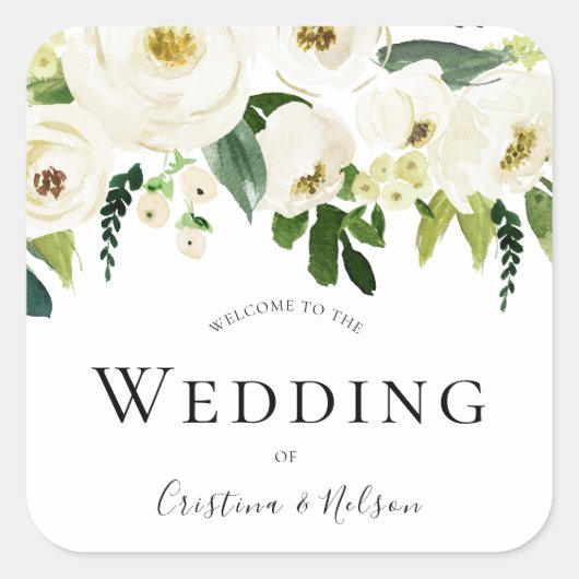 Sticker Carré Merci d'accueil Mariage Fleurs de Champagne Blanch (Devant)