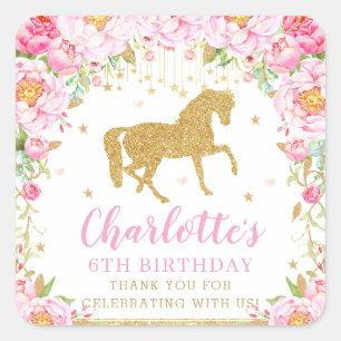 Sticker Carré Merci d'anniversaire du Cheval d'or rose Floral