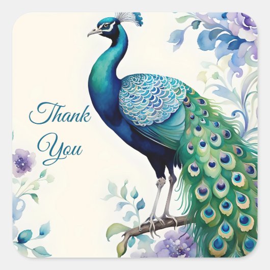 Sticker Carré Merci d'aquarelle fleurie Peacock (Devant)