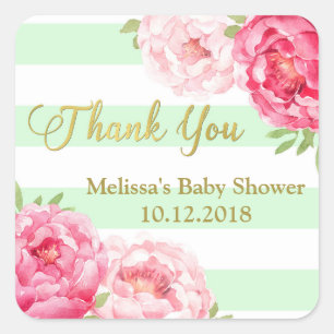 Sticker Carré Merci de Baby shower à la menthe rose