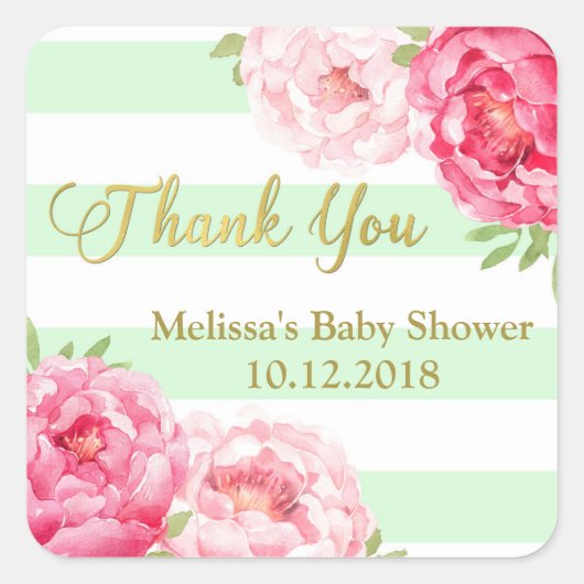 Sticker Carré Merci de Baby shower à la menthe rose (Devant)