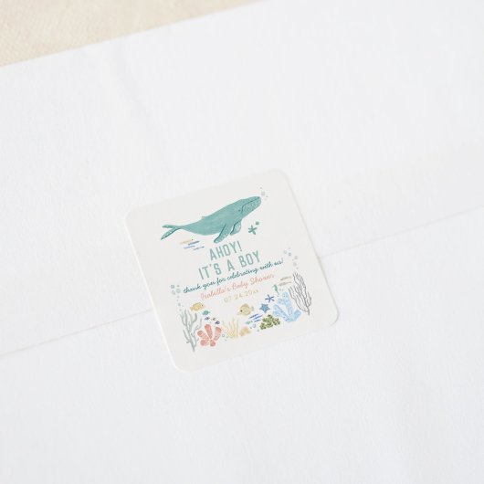 Sticker Carré Merci de Baby shower baleine
