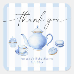 Sticker Carré Merci de Baby shower Blue Tea Party