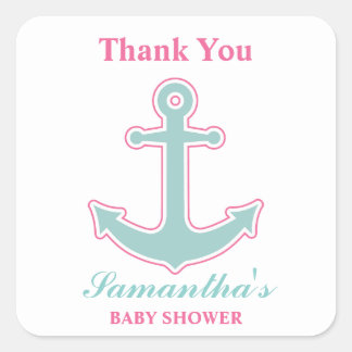 Sticker Carré Merci de Baby shower d'Ancre de fille nautique