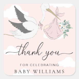 Sticker Carré Merci de Baby shower de cigogne rose