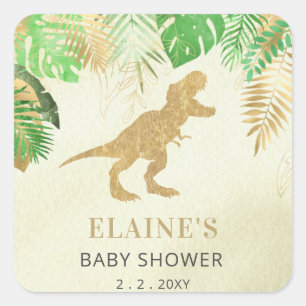 Sticker Carré Merci de Baby shower de dinosaure d'or