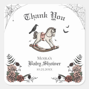 Sticker Carré Merci de Baby shower d'Halloween rose et noir