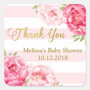 Sticker Carré Merci de Baby shower floral rose pâle