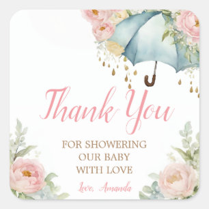 Sticker Carré Merci de Baby shower parapluie de printemps