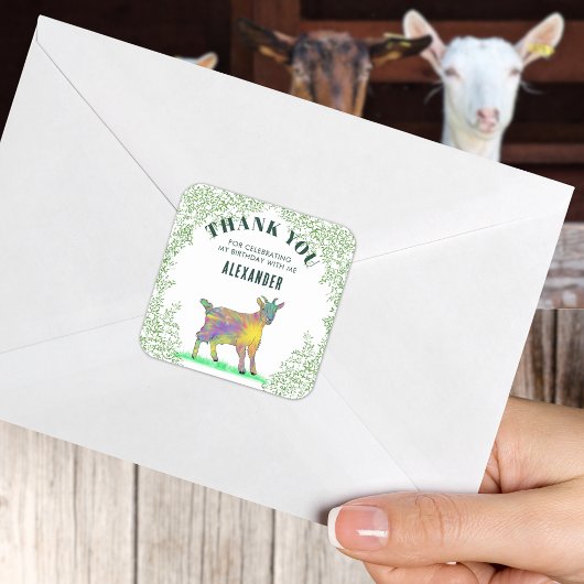 Sticker Carré Merci de fête d'anniversaire de la chèvre de ferme