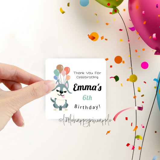 Sticker Carré Merci de fête d'anniversaire Husky