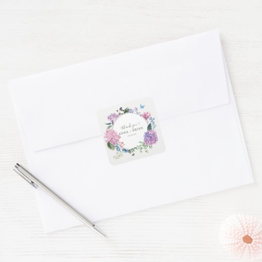 Sticker Carré Merci de Mariage à la main de l'Hydrangea (Enveloppe)