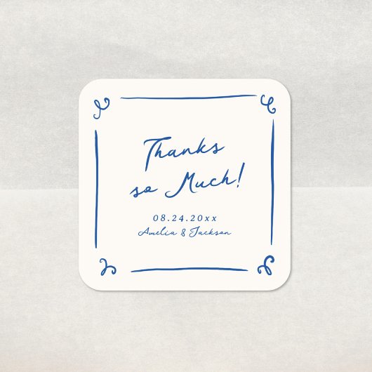 Sticker Carré Merci de Mariage bleu de la marine tiré à la main