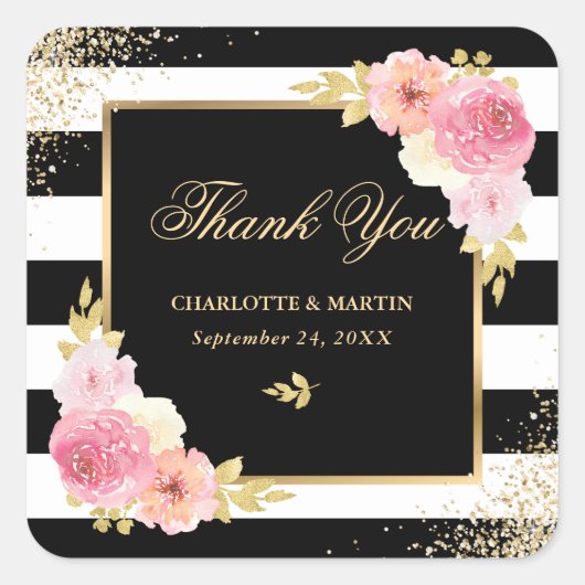 Sticker Carré Merci de Mariage de couleur noire blanche rose or (Devant)