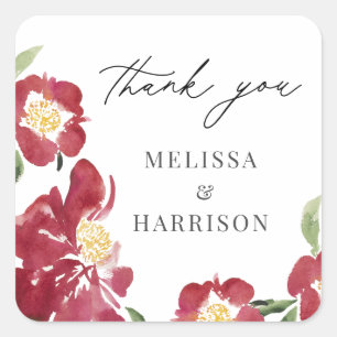 Sticker Carré Merci de Mariage de pivoine rouge