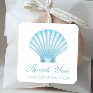 Sticker Carré Merci de Mariage nautique Shell Beach Blue