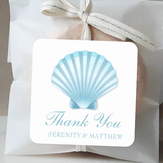 Sticker Carré Merci de Mariage nautique Shell Beach Blue