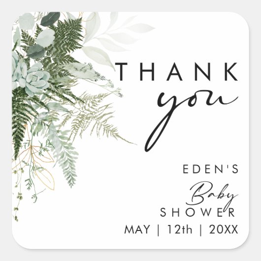 Sticker Carré Merci de verdure et de Baby shower d'or (Devant)