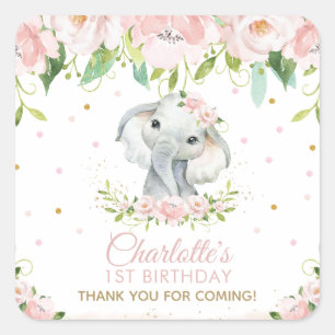 Sticker Carré Merci d'éléphant rose floral mou préféré