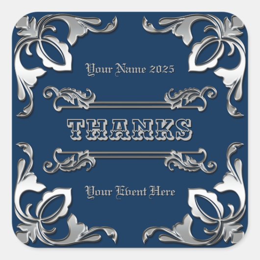 Sticker Carré Merci Favor Classic Livre Couverture Argent Orname (Devant)