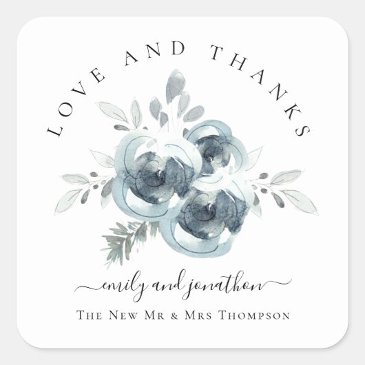 Sticker Carré Merci Festif moderne Florals Noms Mariage (Devant)