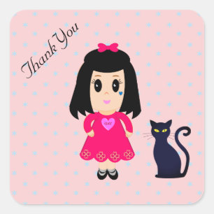 Sticker Carré Merci Fille et Chat avec des Étoiles sur Rose