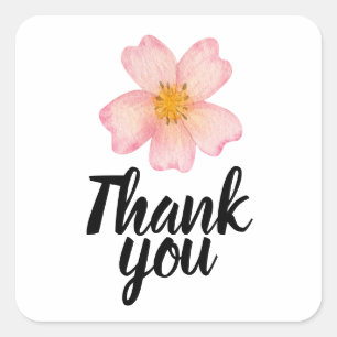 Sticker Carré Merci Fleur Aquarelle Rose Tendre
