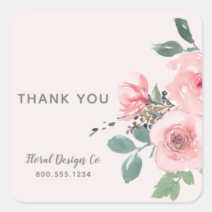 Sticker Carré Merci   Fleurs roses chic pour entreprise