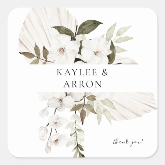 Sticker Carré Merci floral blanc Boho (Devant)