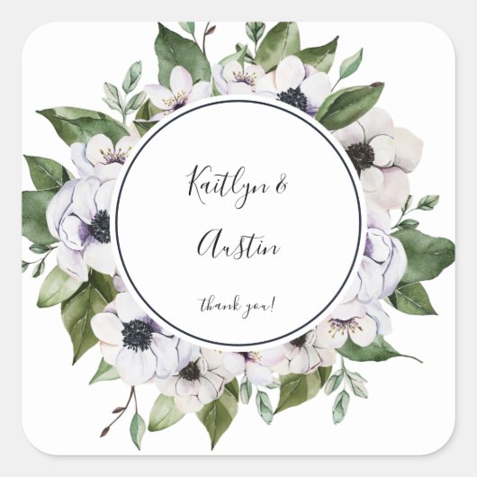 Sticker Carré Merci floral blanc de l'anémone (Devant)
