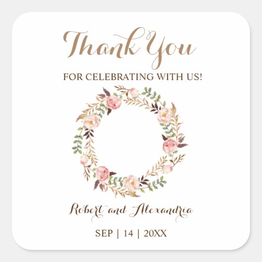 Sticker Carré Merci floral rose pour Mariage à venir (Devant)