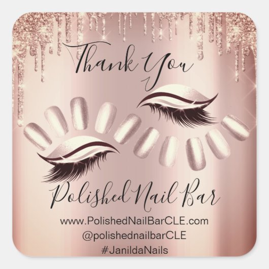 Sticker Carré Merci Lecteurs à ongles Lashes Rose Or (Devant)