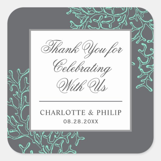 Sticker Carré Merci Mariage côtier vert et gris de mer (Devant)
