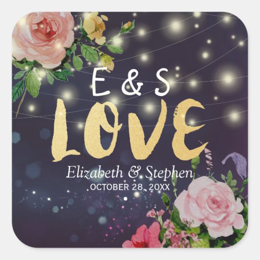 Sticker Carré Merci mariage Favor Chic Floral Purple Lumières (Devant)