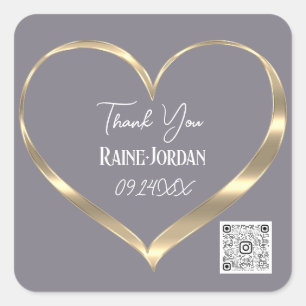 Sticker Carré Merci Mariage Favor QR CODE Grey Gold Heart