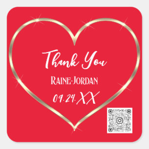 Sticker Carré Merci Mariage Favor QR CODE Rouge Golden Heart