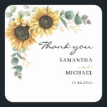Sticker Carré Merci Mariage floral de tournesol<br><div class="desc">Créez une florale de tournesol moderne faveurs avec ce modèle mignon avec un beau bouquet fleuri rustique, avec une typographie simple et moderne. CONSEIL : Des cartes de suite mariage comme RSVP, des programmes de mariage, des bannières, des tapisseries, des étiquettes cadeaux, des affiches, et d'autres cadeaux et cadeaux de...</div>