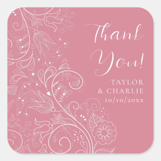 Sticker Carré Merci Mariage floral rose poussiéreux (Devant)