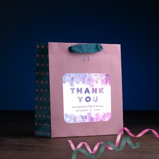 Sticker Carré Merci Mariage moderne rose et violet