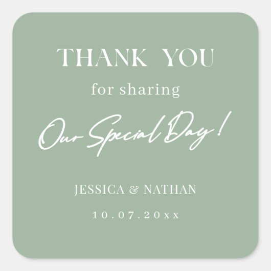 Sticker Carré Merci Mariage personnalisé Sage Green (Devant)