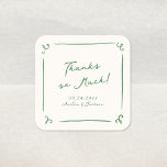 Sticker Carré Merci Mariage vert à main lunaire tiré<br><div class="desc">Ce design adorable présente des éléments dessinés à la main et un texte fantaisiste en gras.</div>