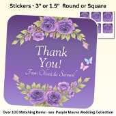 Sticker Carré Merci! Mariée, Noms des Mariés Fleurs Mauve Violet