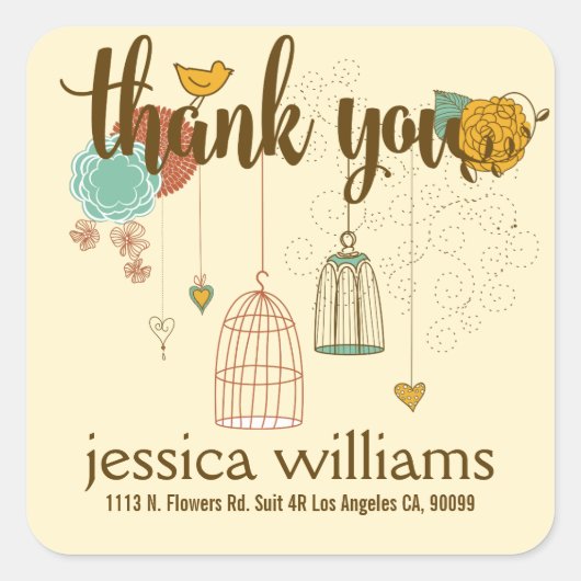 Sticker Carré Merci mignon Design Mariage Oiseaux et fleurs (Devant)