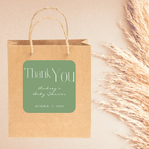 Sticker Carré Merci minimaliste de Baby shower vert Sage