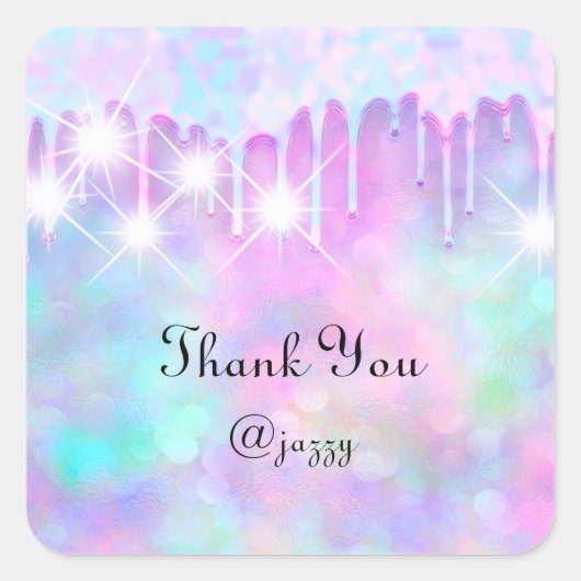 Sticker Carré Merci Nom Dégoulinant Favoris Holographique Rose B (Devant)