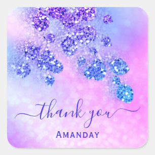 Sticker Carré Merci Nom Holographe Rose Mariage Royal Bleu Cobal